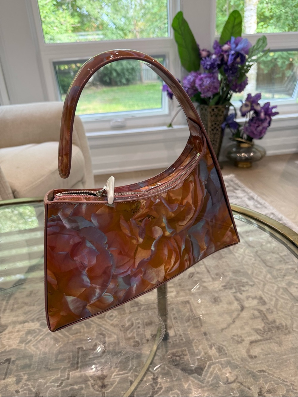 Women’s Hobo Shoulder Bag in Brown Floral Patent Finish